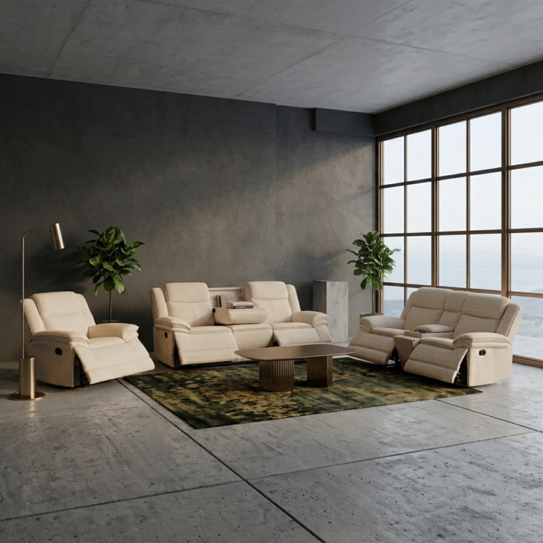 Freja Recliner Lounge Suite in warm oatmeal fabric, shown in the 3+2+1 configuration with a 3-seater manual recliner sofa, 2-seater recliner sofa, and single recliner armchair arranged in a modern NZ living room