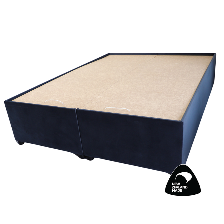 NZ Made Gaslift Storage Bed Base in black velvet fabric – solid pine frame with smooth upholstered finish.
