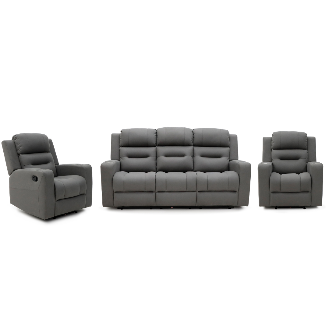 White Background Gothenburg Recliner Sofa Set – a 3-seater and two single recliners with modern features.