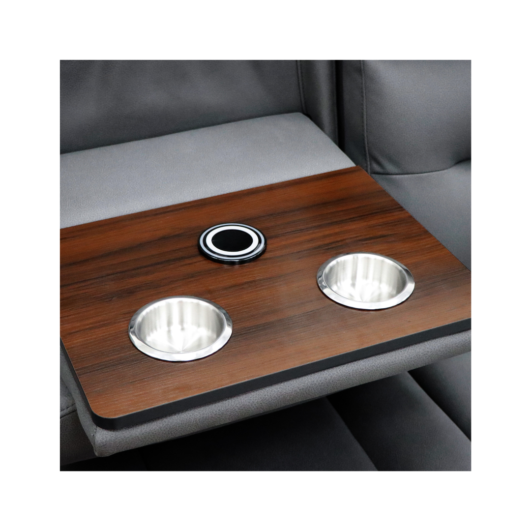 Close-up of the wireless charging pad and cupholder on the 3-seater Gothenburg sofa.