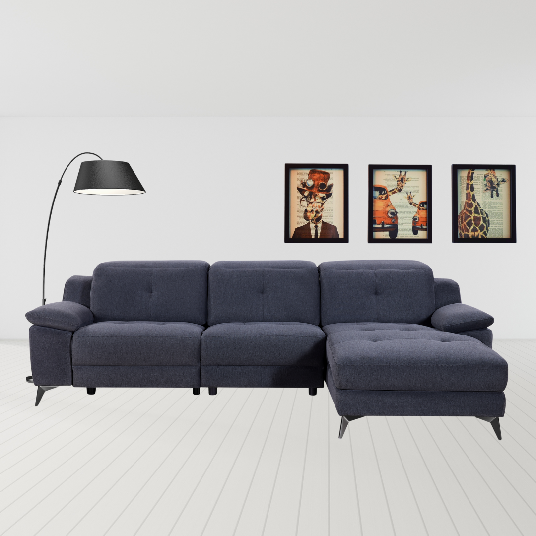 Harstad Electric Recliner Chaise in dark grey fabric with background – corner lounge suite with USB port.