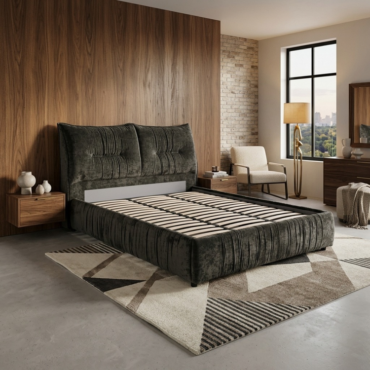 Kari Queen Gaslift Storage Bed in striking black premium textured fabric, shown with the wave-edged, tufted headboard in a bedroom setting