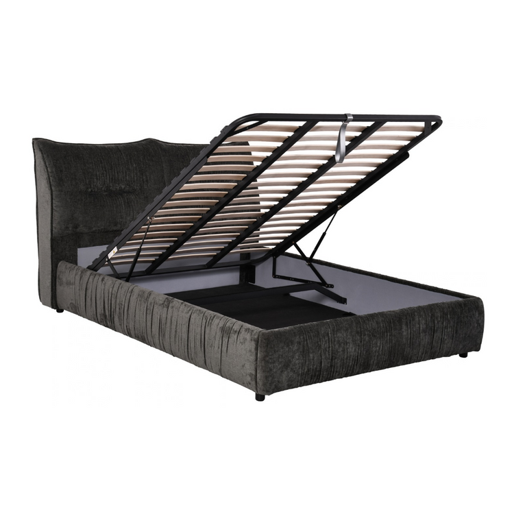 Kari Queen Gaslift Storage Bed shown open, demonstrating the hydraulic one-hand lift system, poplar wood slats, and solid bottom storage board underneath
