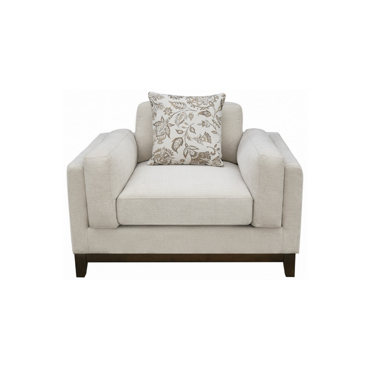 Klint 1-seater accent chair cream woven fabric with floral cushion and dark walnut timber legs, NZ Furniture Warehouse Penrose Auckland