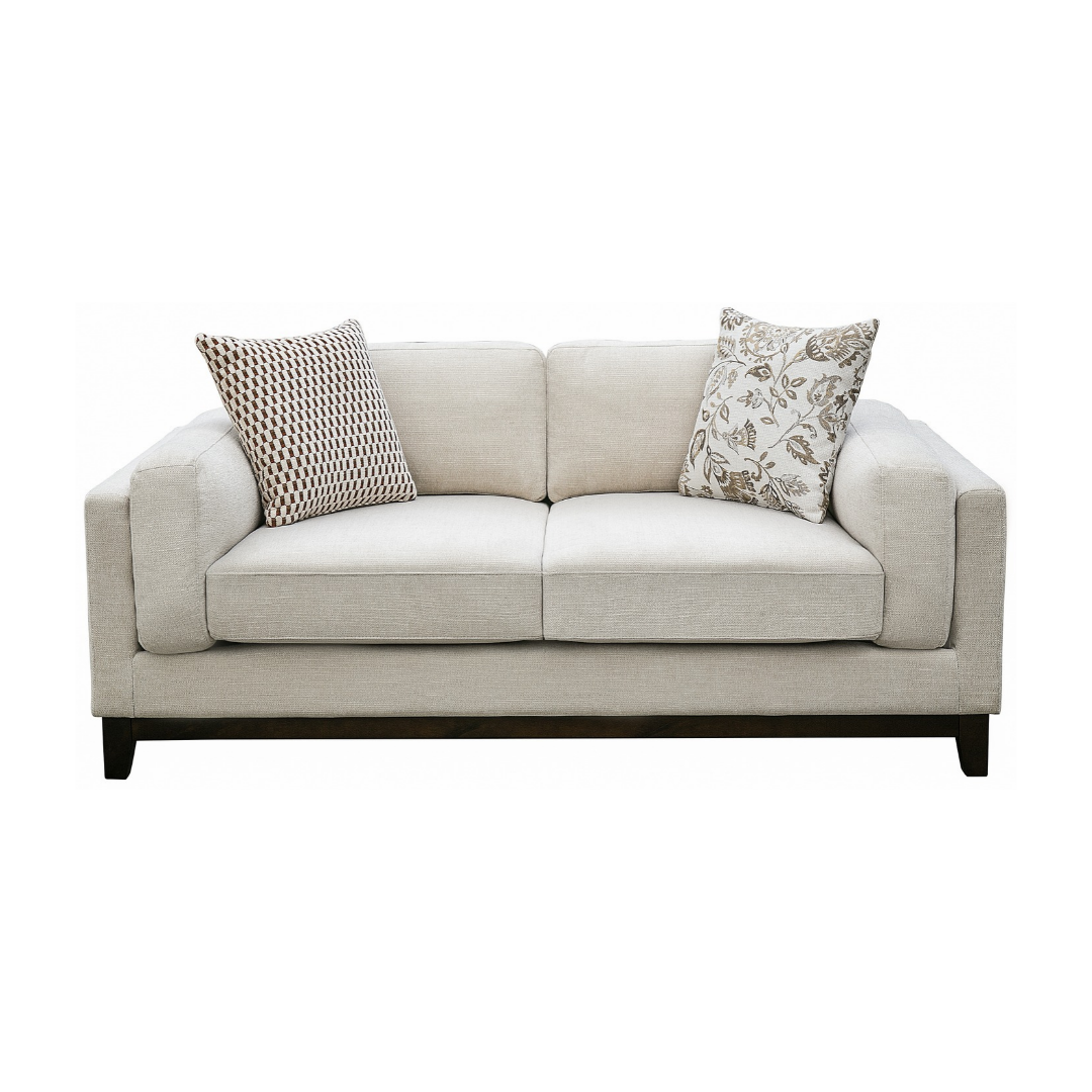 Klint 2-seater sofa cream woven fabric with geometric and floral cushions and dark walnut timber legs, NZ Furniture Warehouse