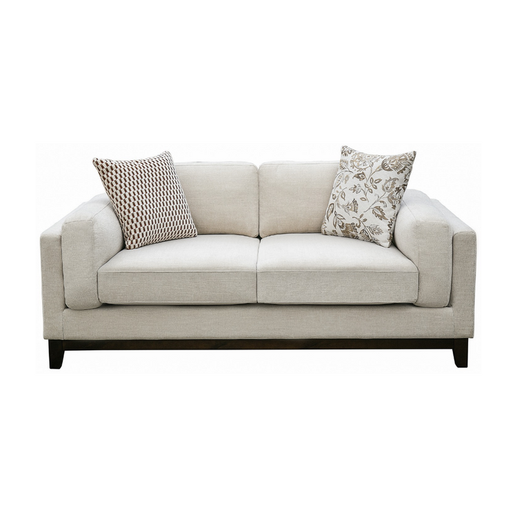 Klint 2-seater sofa cream woven fabric with geometric and floral cushions and dark walnut timber legs, NZ Furniture Warehouse