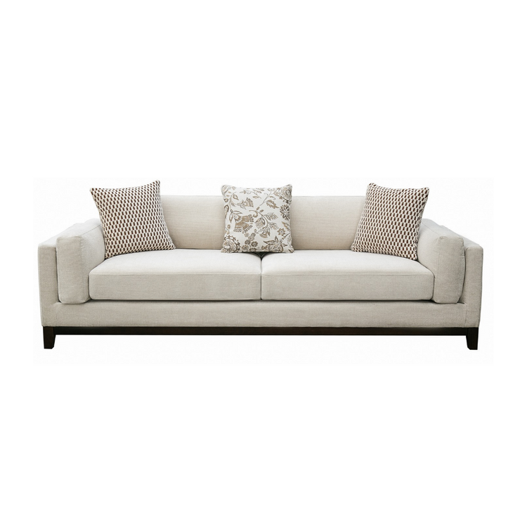 Klint 3-seater sofa cream woven fabric with three decorative cushions and dark walnut timber legs, NZ Furniture Warehouse