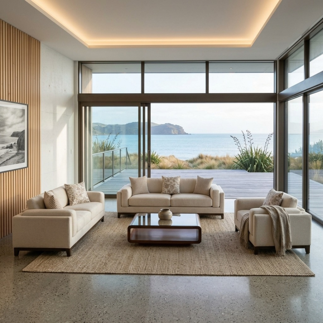 Klint lounge suite cream woven fabric styled in a modern NZ coastal living room with ocean views, 3+2+1 configuration with all cushions included, NZ Furniture Warehouse Auckland