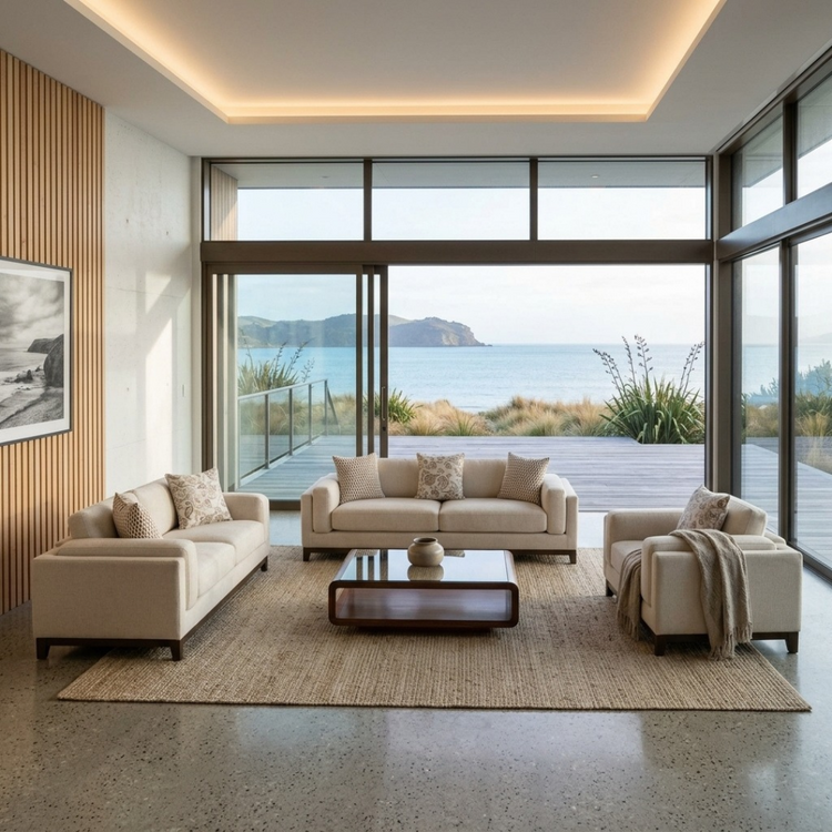 Klint lounge suite cream woven fabric styled in a modern NZ coastal living room with ocean views, 3+2+1 configuration with all cushions included, NZ Furniture Warehouse Auckland