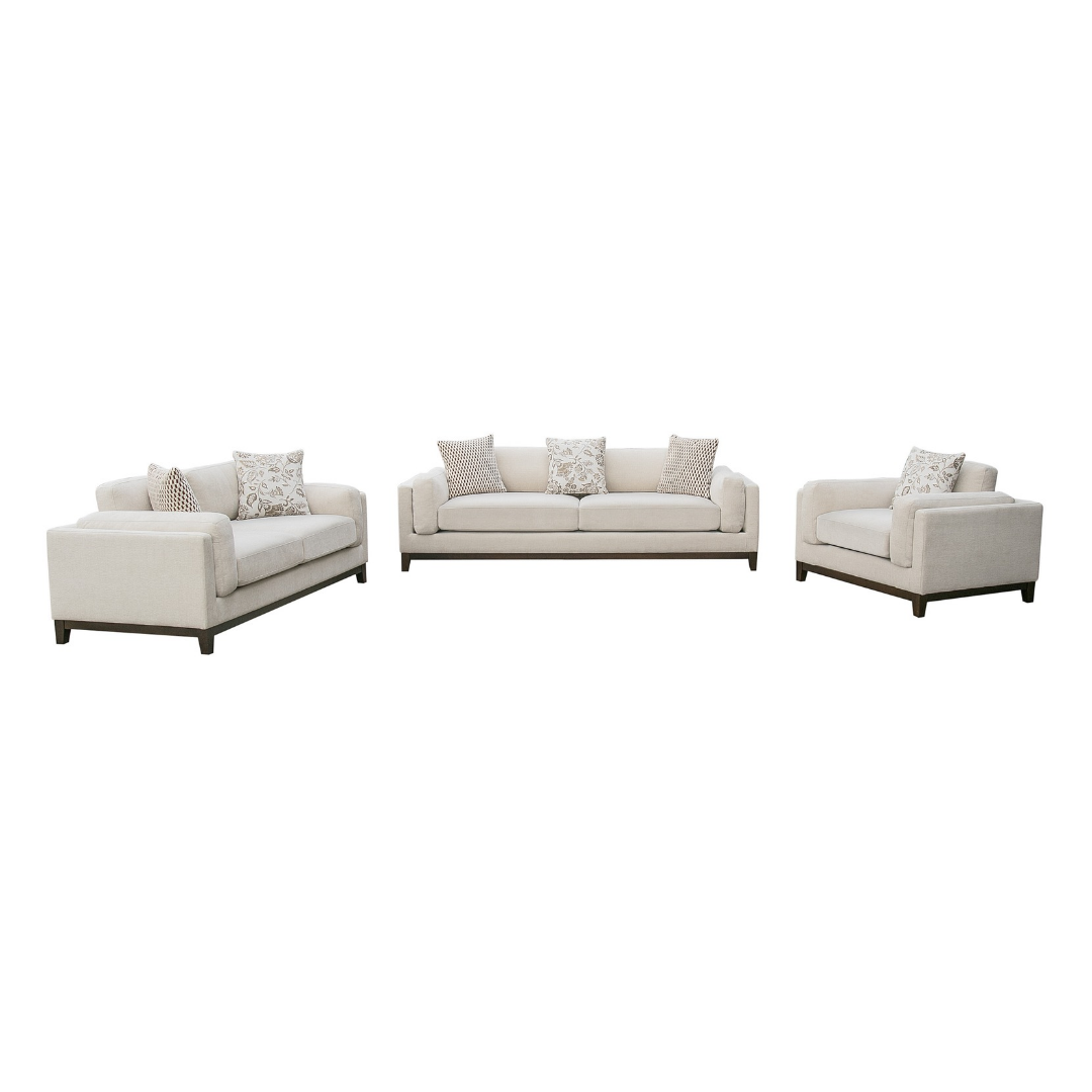 Klint 3+2+1 lounge suite cream woven fabric complete set with all decorative cushions included, solid timber frame, NZ Furniture Warehouse Penrose Auckland