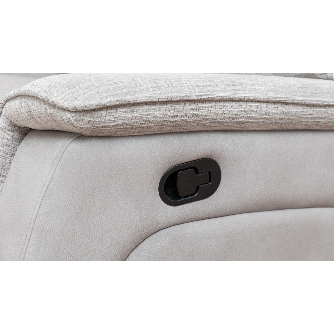 Close-up of the elegant two-tone suede and lush fabric on the Kolding recliner sofa.
