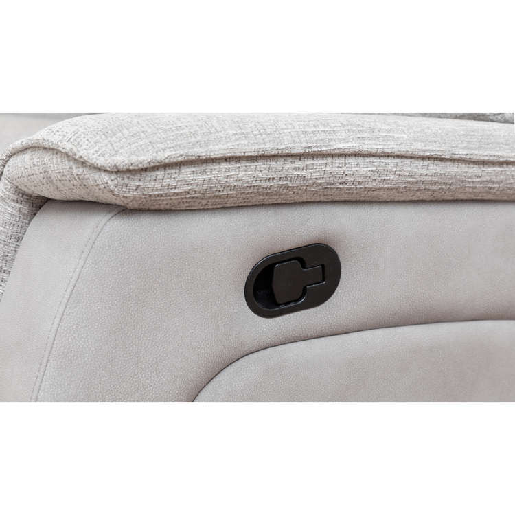 Close-up of the elegant two-tone suede and lush fabric on the Kolding recliner sofa.