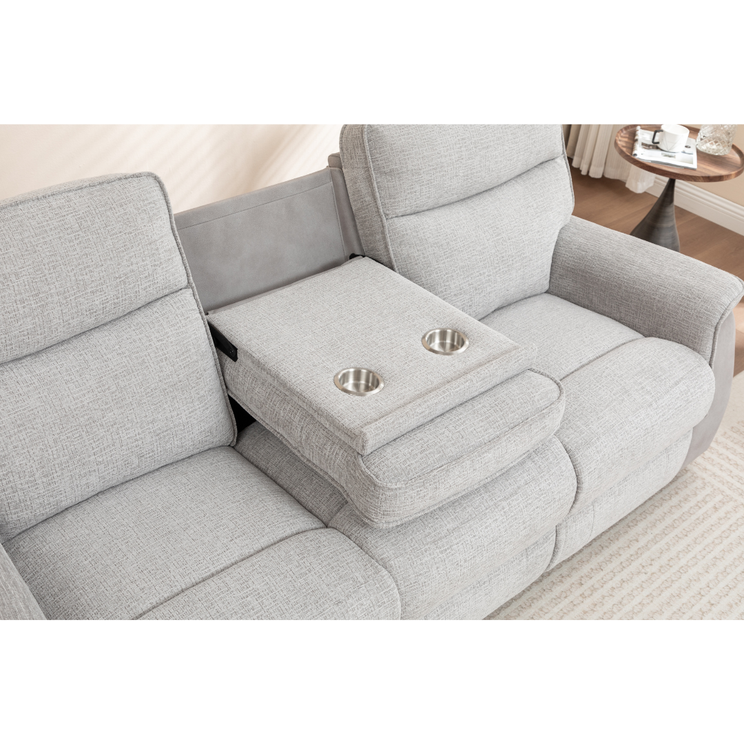 Close-up of the dropdown table with two stainless steel cupholders on the 3-seater Kolding sofa.