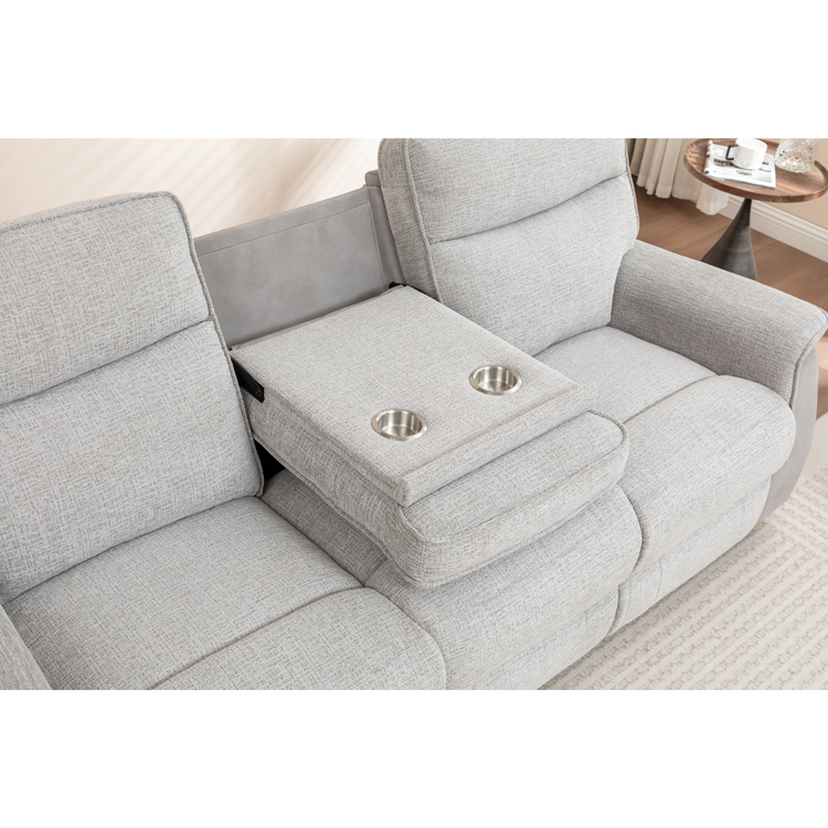 Close-up of the dropdown table with two stainless steel cupholders on the 3-seater Kolding sofa.