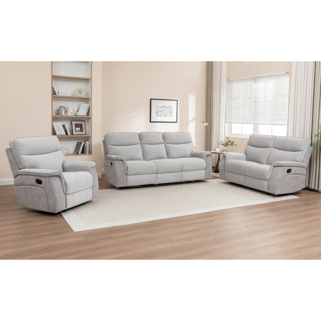 Kolding Recliner Sofa Set – 3-seater sofa and two single recliners in a two-tone suede and fabric design.
