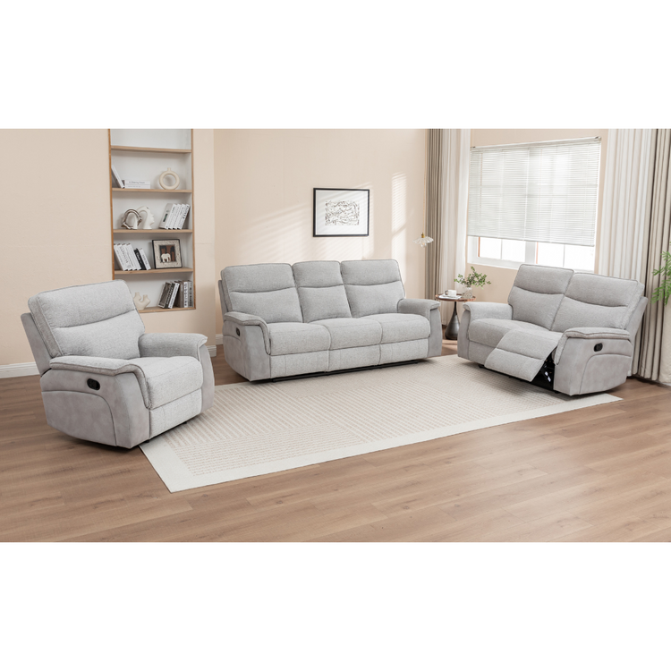 Kolding light grey recliner set with all recliners closed, showing unique two-tone design and wrapped armrests.