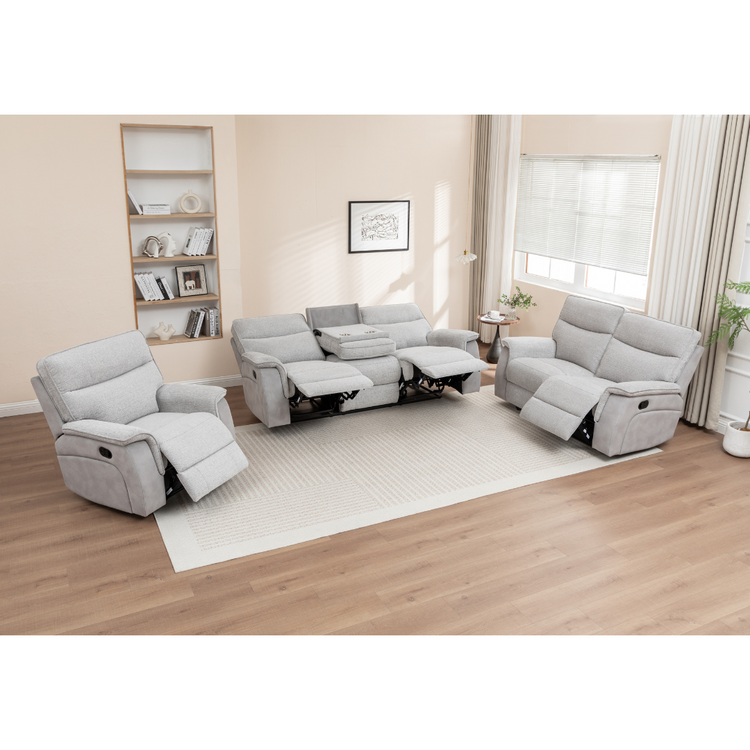 Kolding light grey recliner set with all recliners opened, showing unique two-tone design and wrapped armrests.