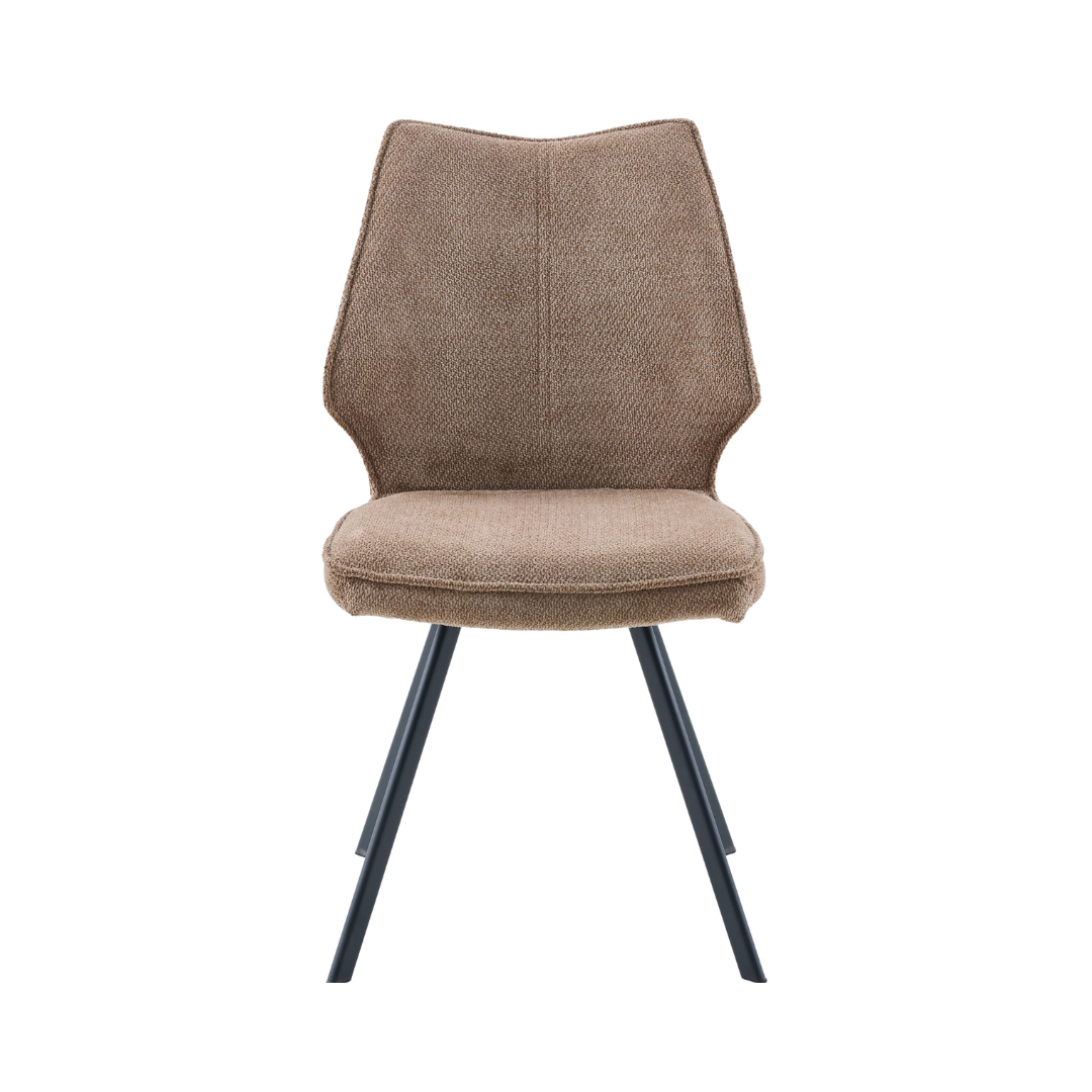 Korven dining chair in textured brown and beige fabric with modern angled black steel legs