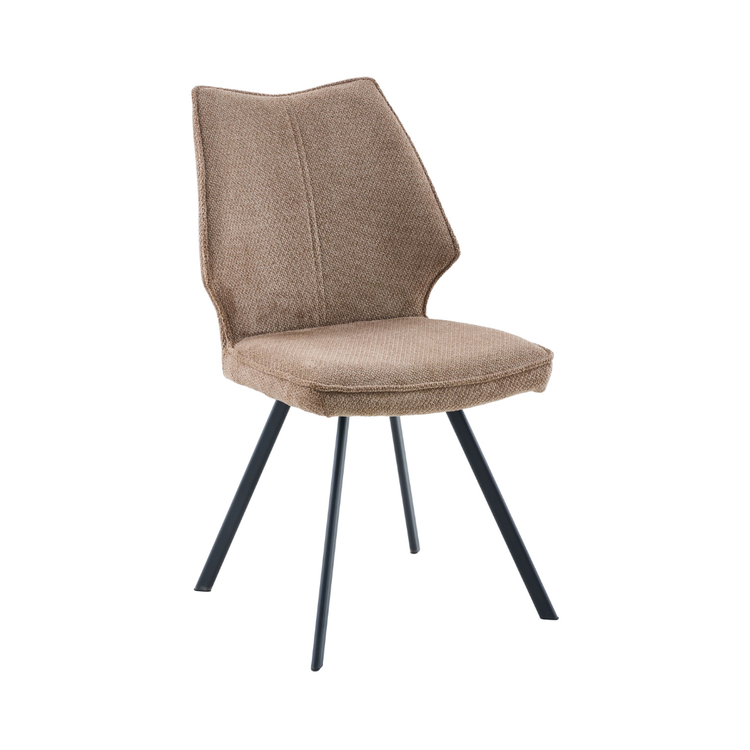 Front view of the Korven brown and beige chair showing its unique angular geometric silhouette and center seam