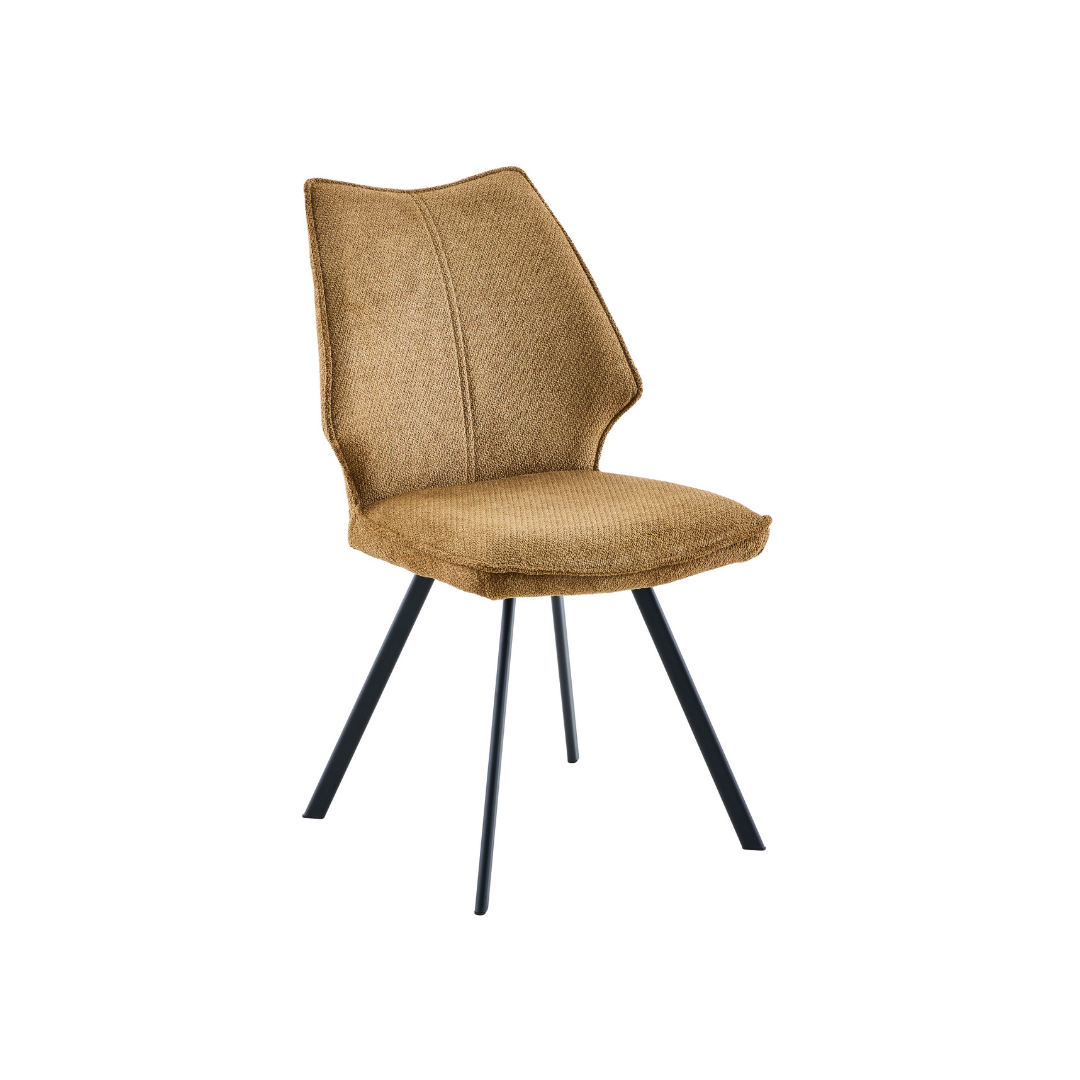 Upholstered dining chair showing angled black metal legs and ergonomic design