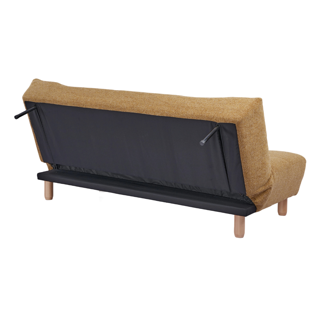 Laro Sofa Bed showing the back profile of the yellow click-clack mechanism with hidden support legs folded out
