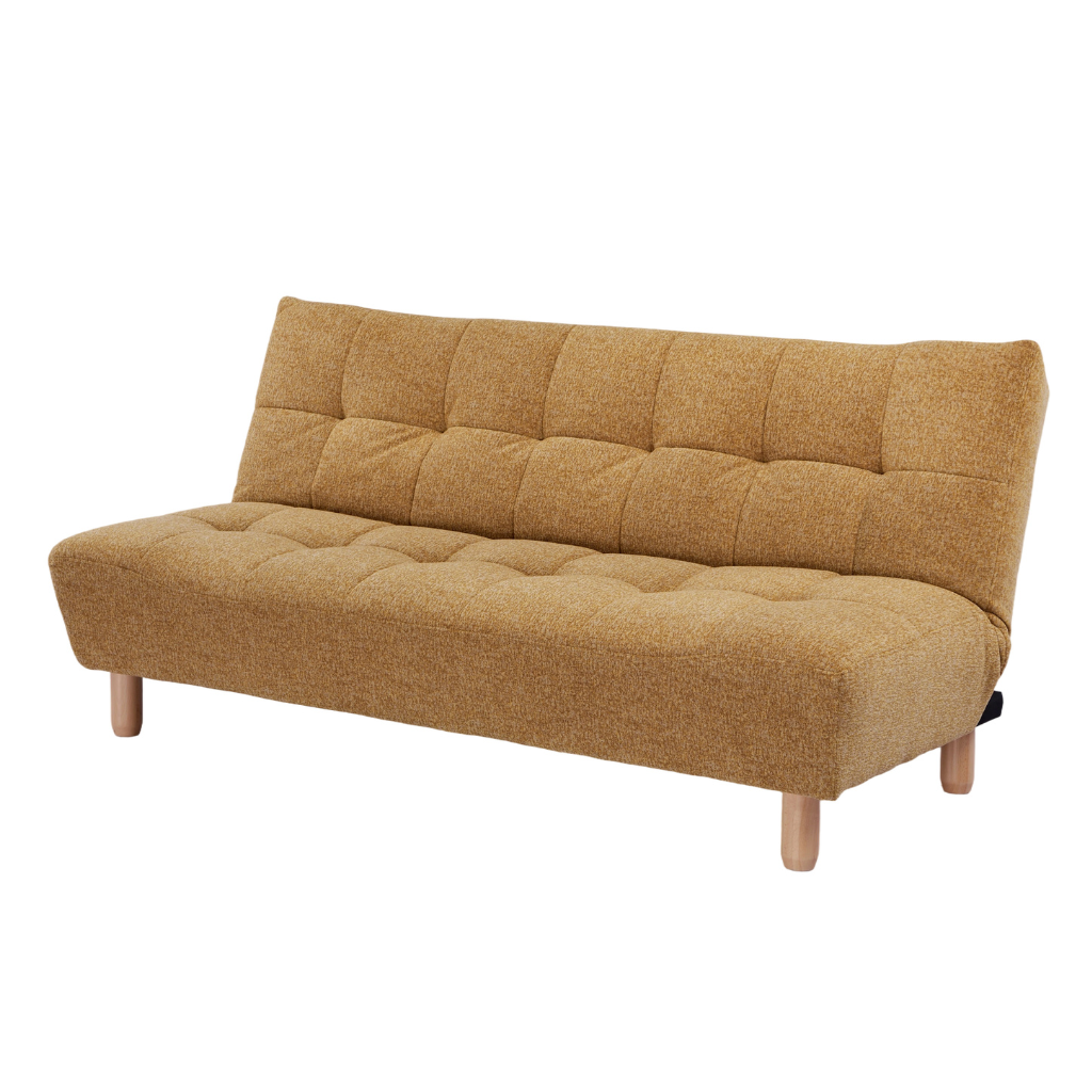 Laro Sofa Bed showing an armless 3-seater Scandinavian mustard yellow fabric sofa at NZ Furniture Warehouse