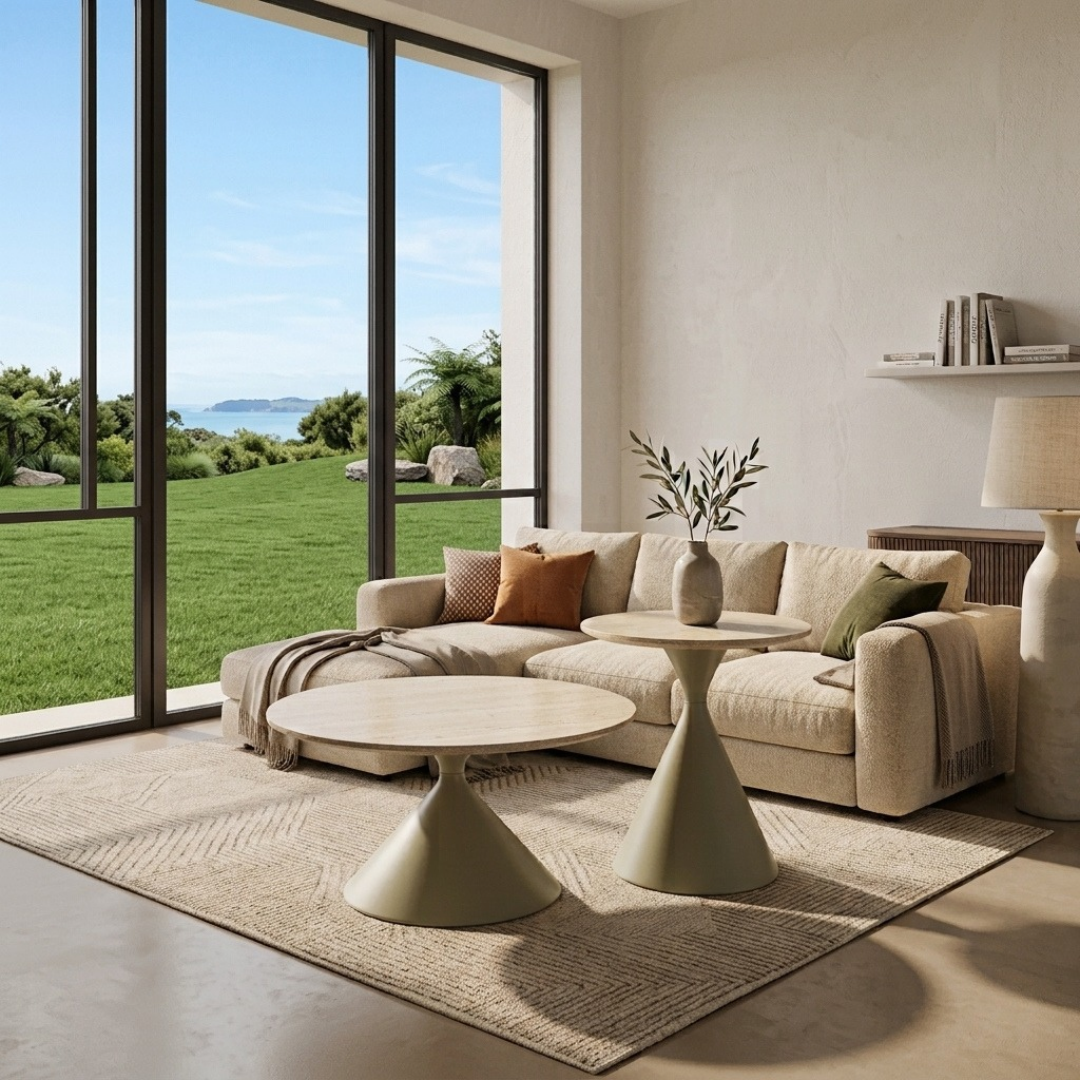 Liora Coffee Table Set round travertine-look coffee table and taller side table on matte soft sage powder-coated metal cone bases