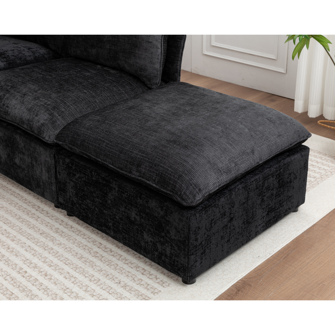 Individual modular sections of the Lira Black Sofa Set showing its configurable design