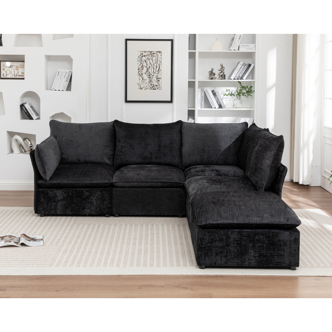 Black Lira modular corner sofa with plush cushions and flexible design

