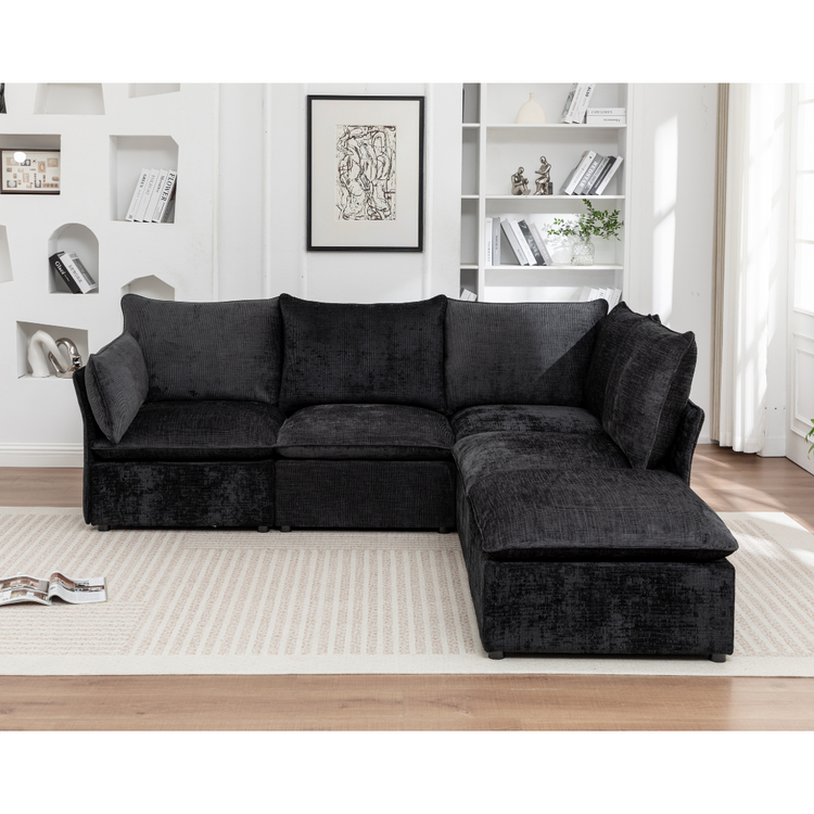 Black Lira modular corner sofa with plush cushions and flexible design
