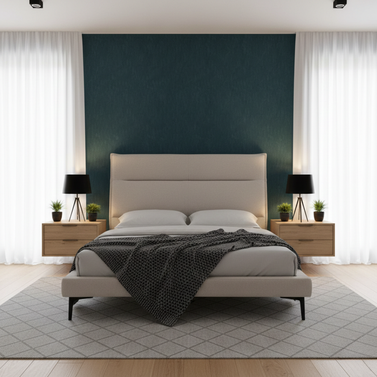 "Lumi Light Grey Upholstered Bed Frame with Padded Headboard