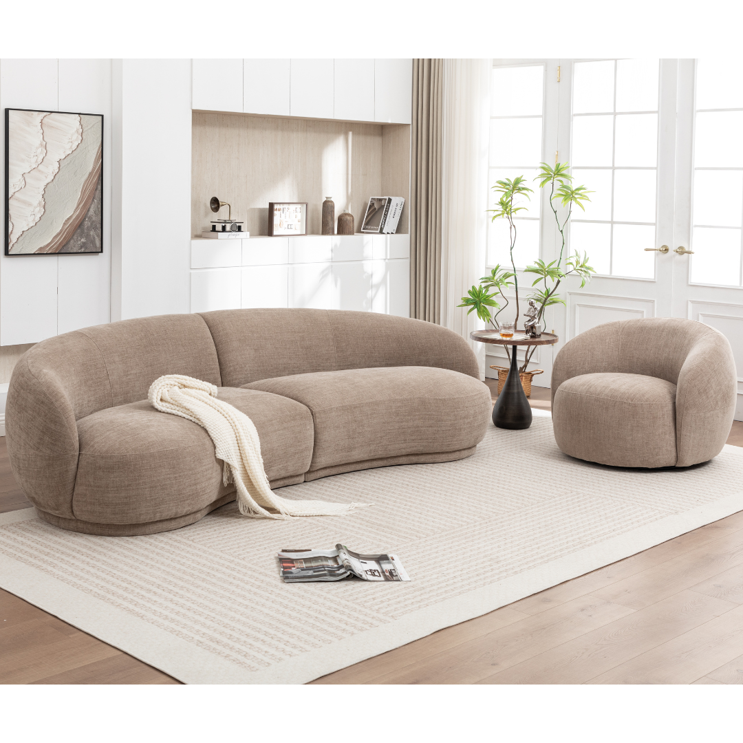 Luno Curved Sofa Set with 360 degree Swivel Chair in modern living room