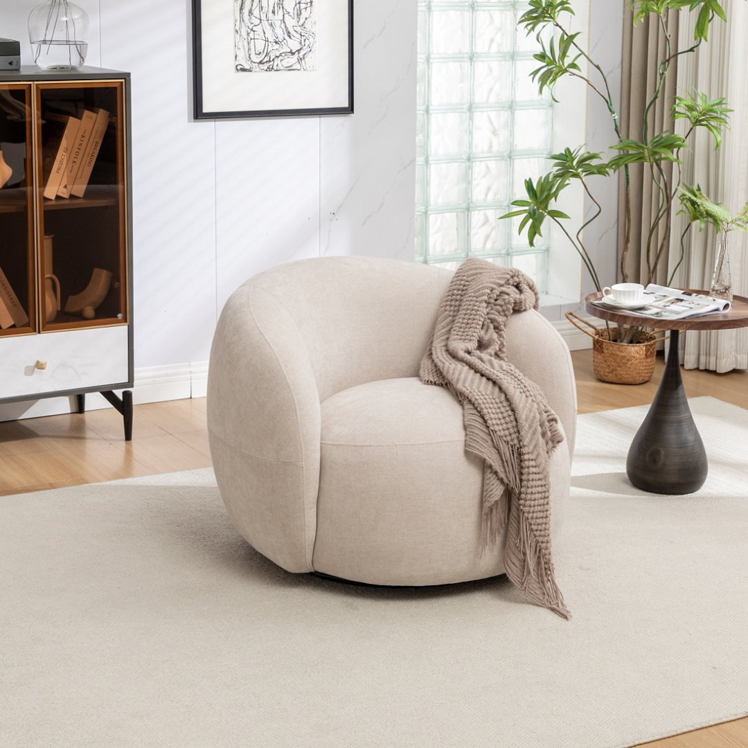 Luno Swivel Chair in soft beige fabric – modern accent armchair NZ.