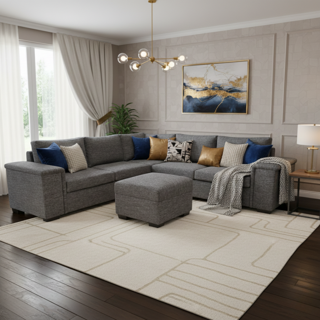 "Manawatu Corner Sofa Set in grey fabric, NZ made L-shape lounge suite with decorative cushions and throw in a modern Auckland living room.