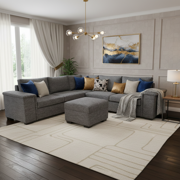 "Manawatu Corner Sofa Set in grey fabric, NZ made L-shape lounge suite with decorative cushions and throw in a modern Auckland living room.