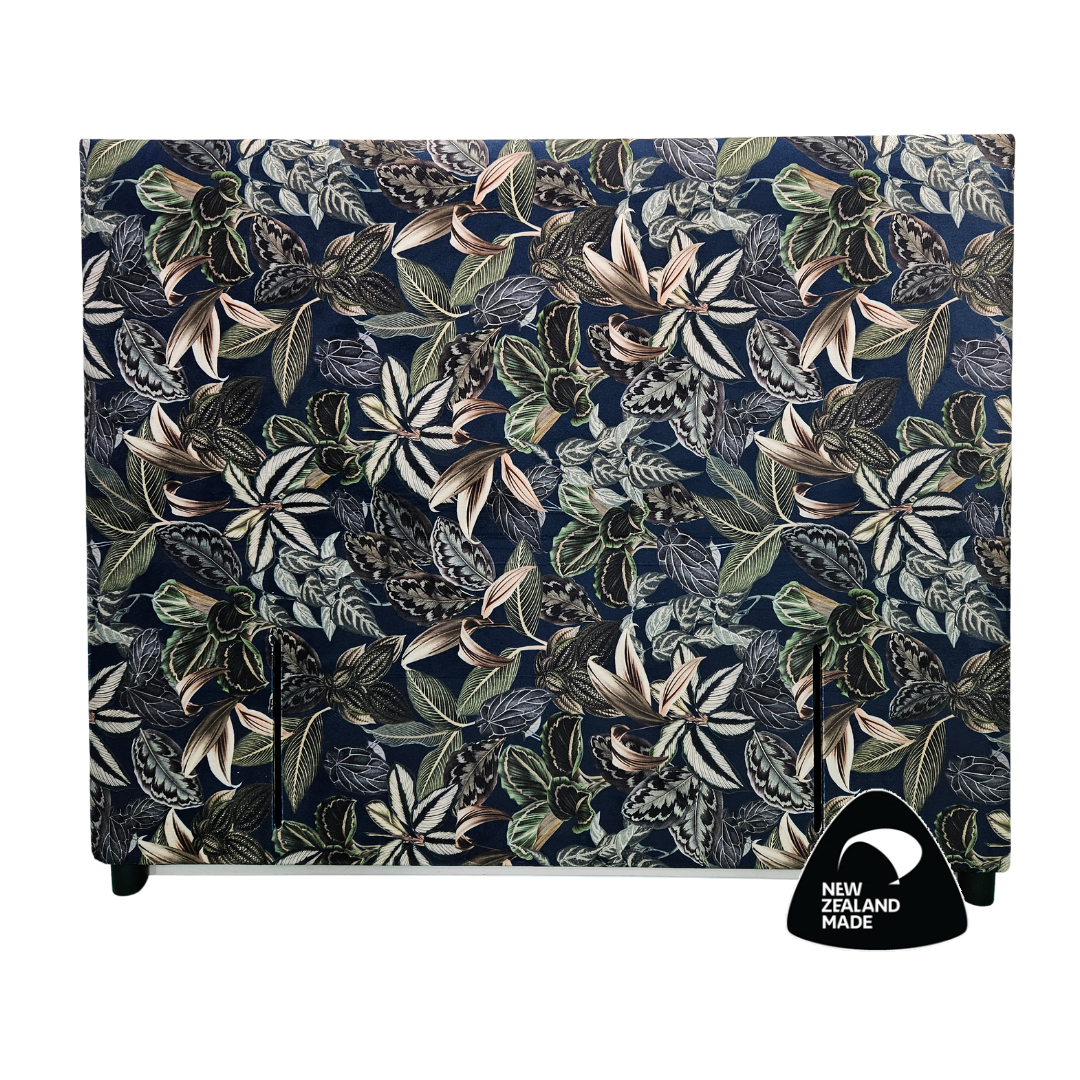 McKenzie Headboard with botanical design on plush velvet fabric in a white background.