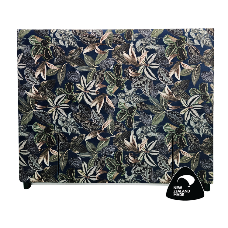 McKenzie Headboard with botanical design on plush velvet fabric in a white background.