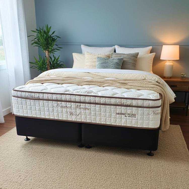 Merino Plush Bed - Soft Feel Mattress and Base Set with Wool Layer.
