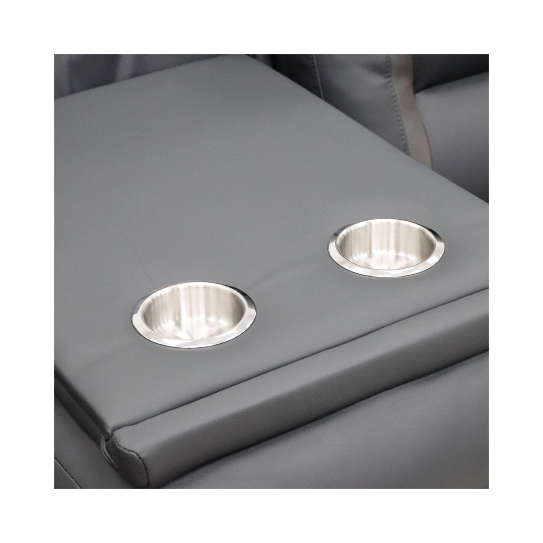 Close-up of the dropdown armrest and stainless steel cupholders on the Molde 3-seater sofa.