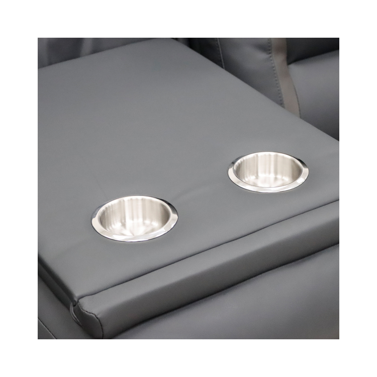 Close-up of the dropdown armrest and stainless steel cupholders on the Molde 3-seater sofa.