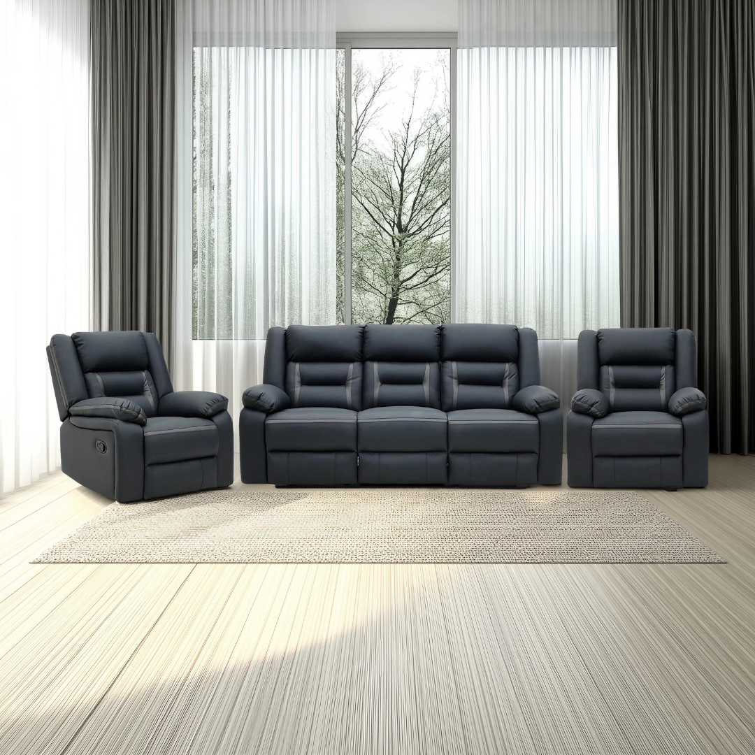 Molde Recliner Sofa Set in a living room – a 3-seater and two single recliners upholstered in two-tone Air Leather.