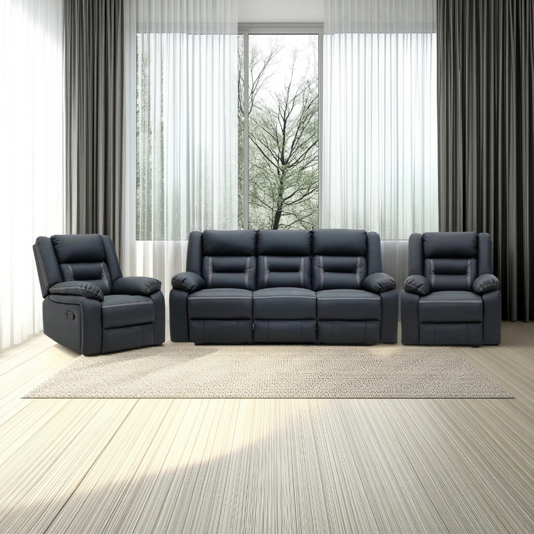 Molde Recliner Sofa Set in a living room – a 3-seater and two single recliners upholstered in two-tone Air Leather.