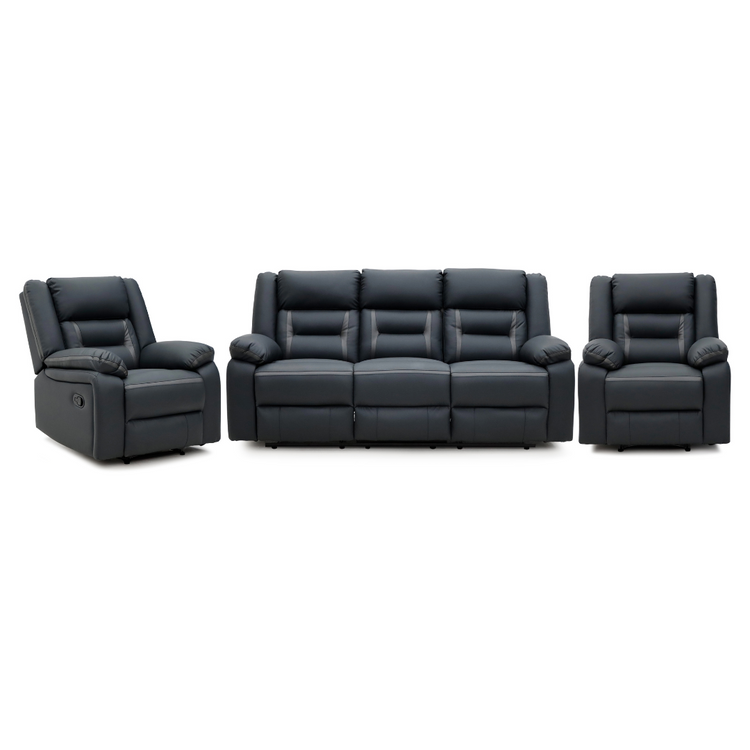 White background Molde Recliner Sofa Set in a living room – a 3-seater and two single recliners upholstered in two-tone Air Leather.
