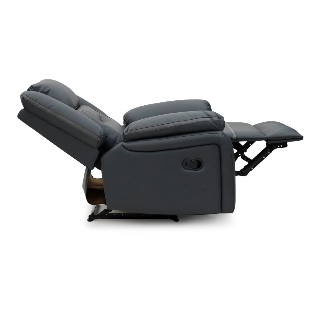 Reclined side profile of the Molde single seater recliner sofa showing its sleek and sturdy design.