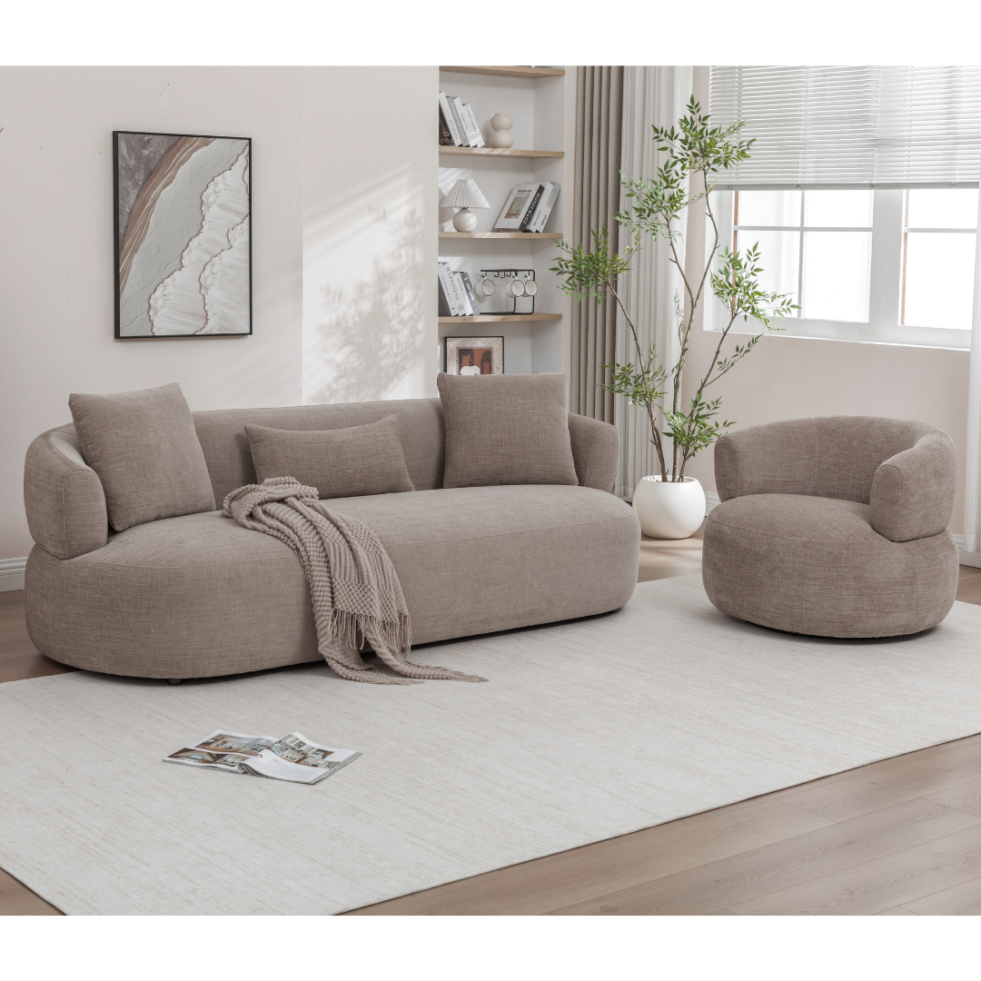 Moro curved three-seater sofa in beige fabric with a matching 360-degree swivel chair in a modern living room setting.