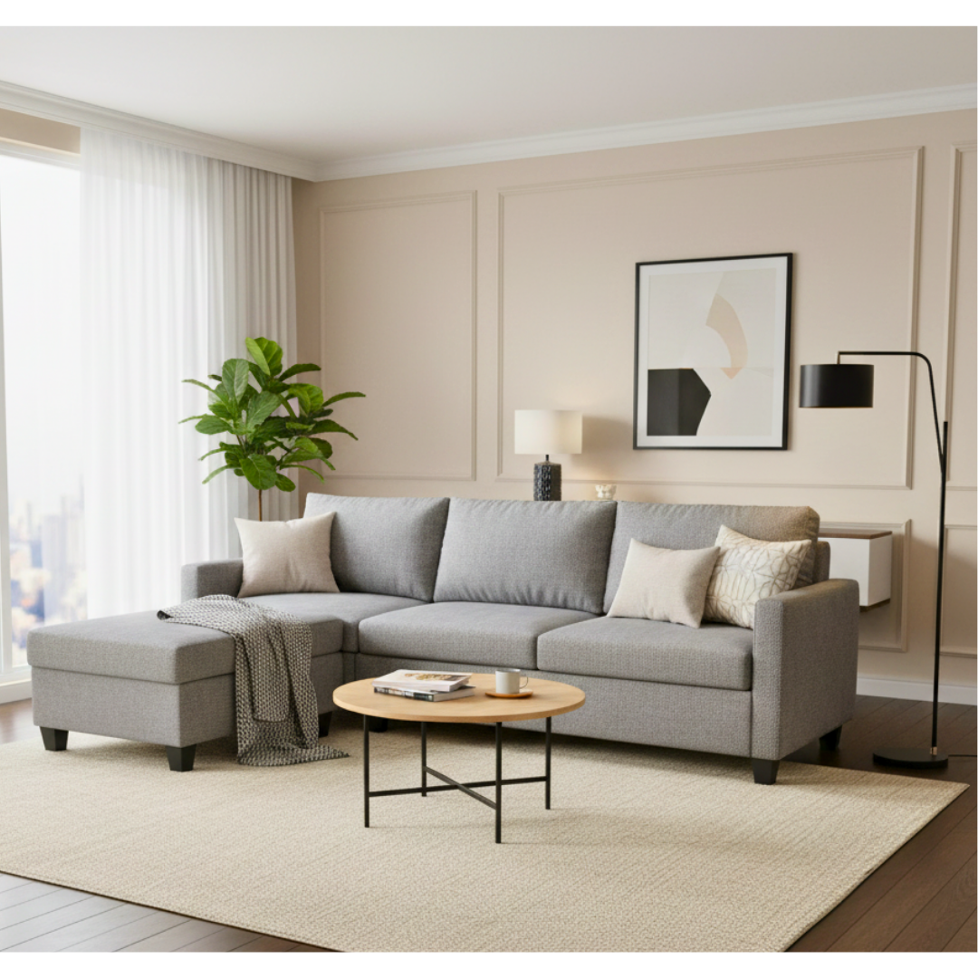 Modern grey Napier reversible chaise sofa with movable ottoman, handcrafted in NZ.