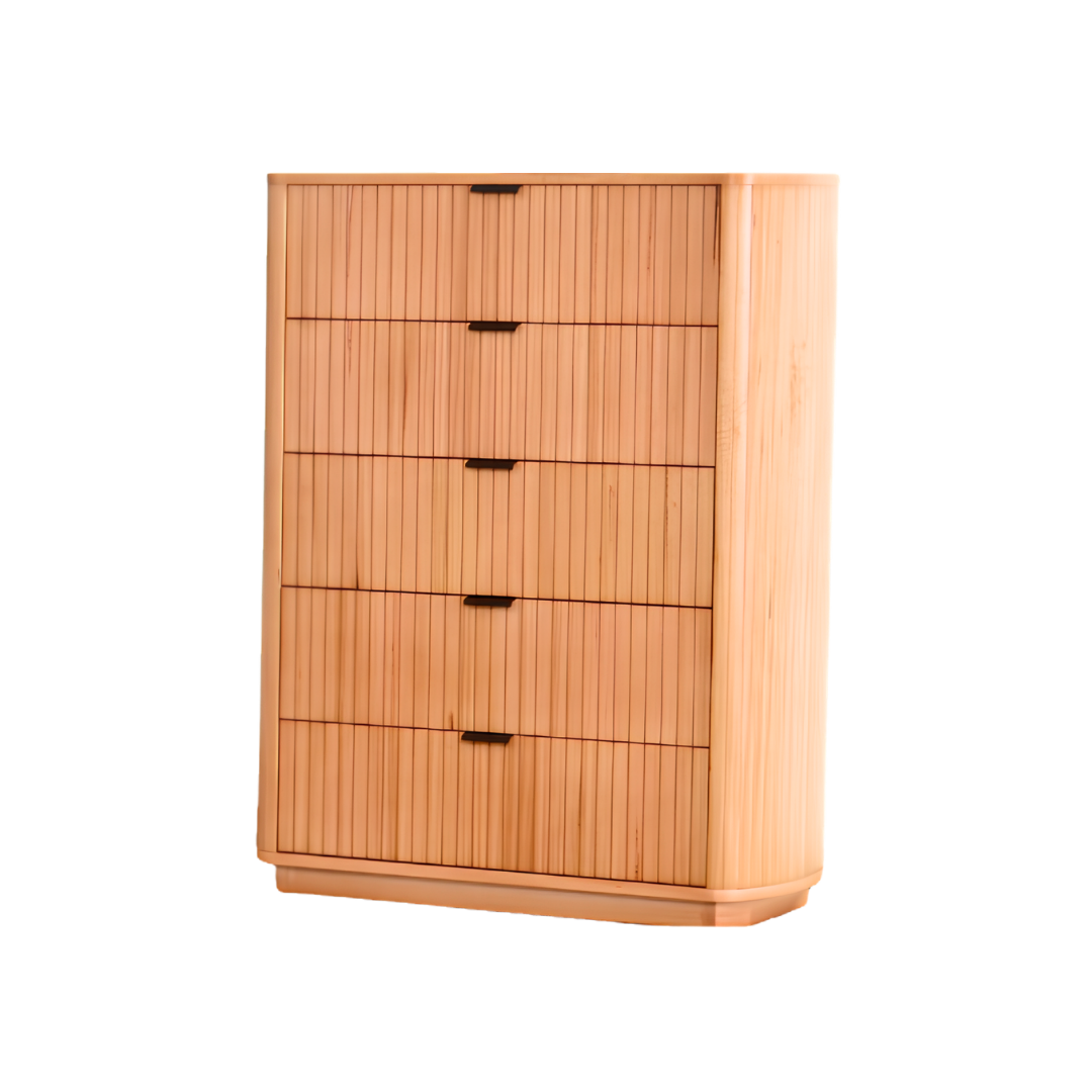 Nara five-drawer tallboy in natural messmate timber with dark recessed handles and ribbed drawer fronts