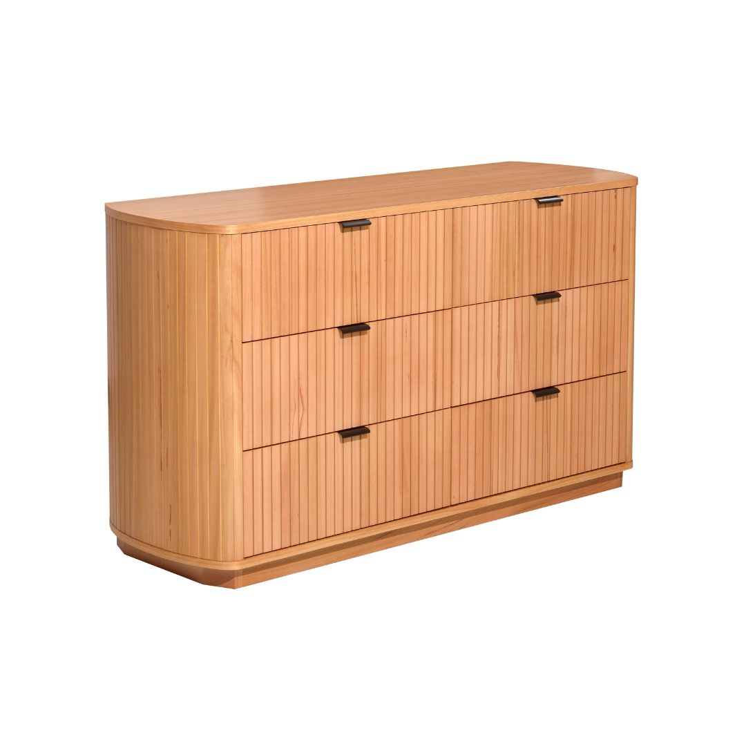 Nara dresser 140cm wide natural messmate timber with vertical ribbed drawer fronts — 5 piece bedroom suite NZ