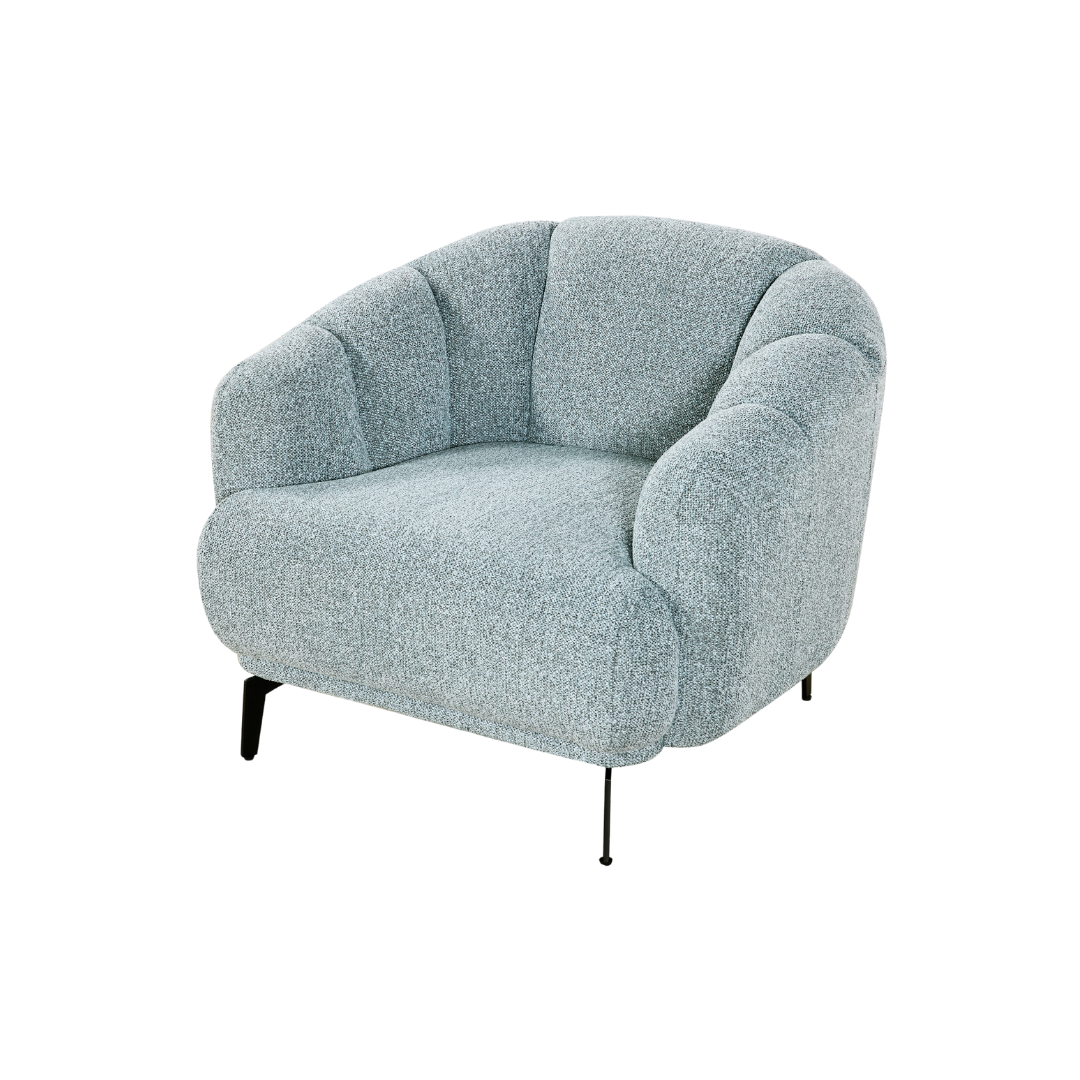 Orsta Armchair in grey fabric – contemporary single-seater with curved design and slim legs.