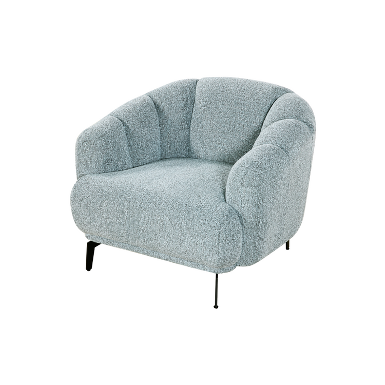 Orsta Armchair in grey fabric – contemporary single-seater with curved design and slim legs.